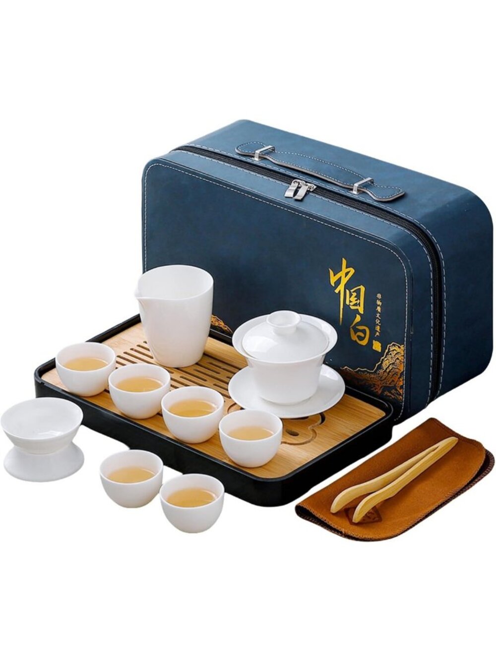 Traditional Chinese Gongfu Tea Set with 6 White Cups - Elegant Gaiwan Tea Set